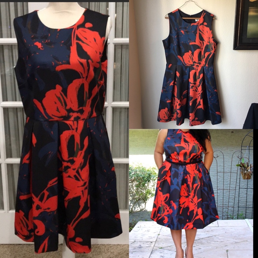 Blue and Orange fit and flare dress with pockets
